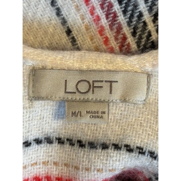 Loft Women's Size M/L Plaid Wrap Soft Poncho With Frayed Hem Red Cream Black - Picture 6 of 9